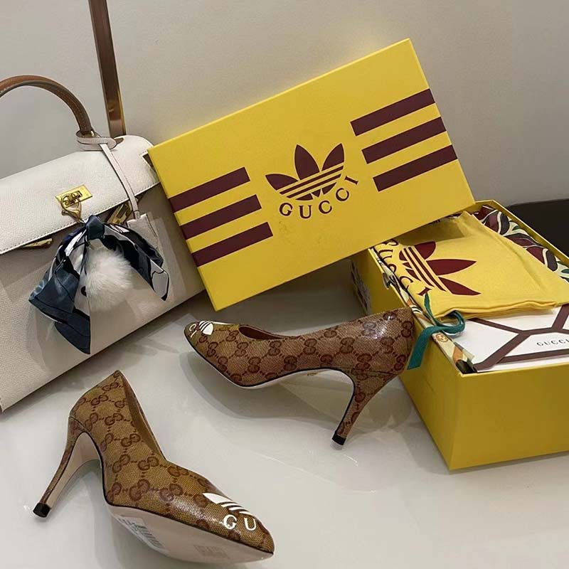 Gucci Women Adidas x Gucci GG Pump Beige Brown GG Crystal Canvas 9 Cm Heel