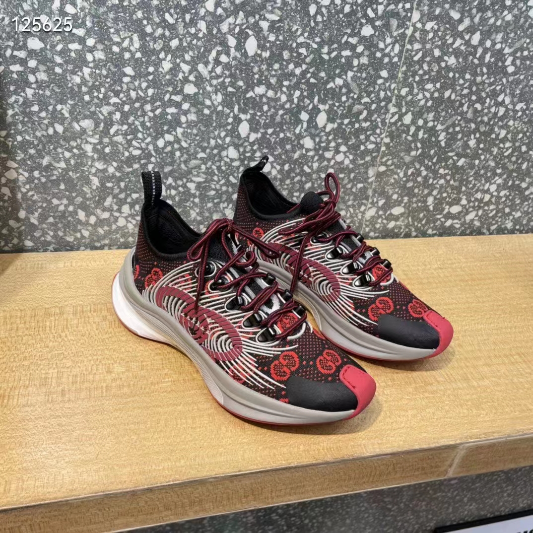 Gucci Unisex Run Sneaker Black Red GG Technical Knit Fabric Interlocking G Rubber