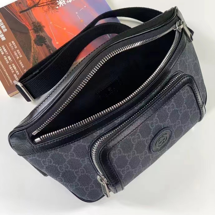 Gucci Unisex GG Large Belt Bag Black GG Supreme Canvas Leather Oval Interlocking G