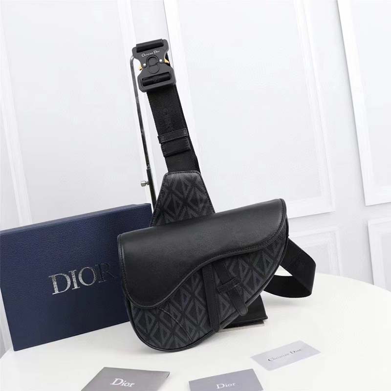 Dior Unisex CD Mini Saddle Bag Black CD Diamond Canvas Smooth Calfskin