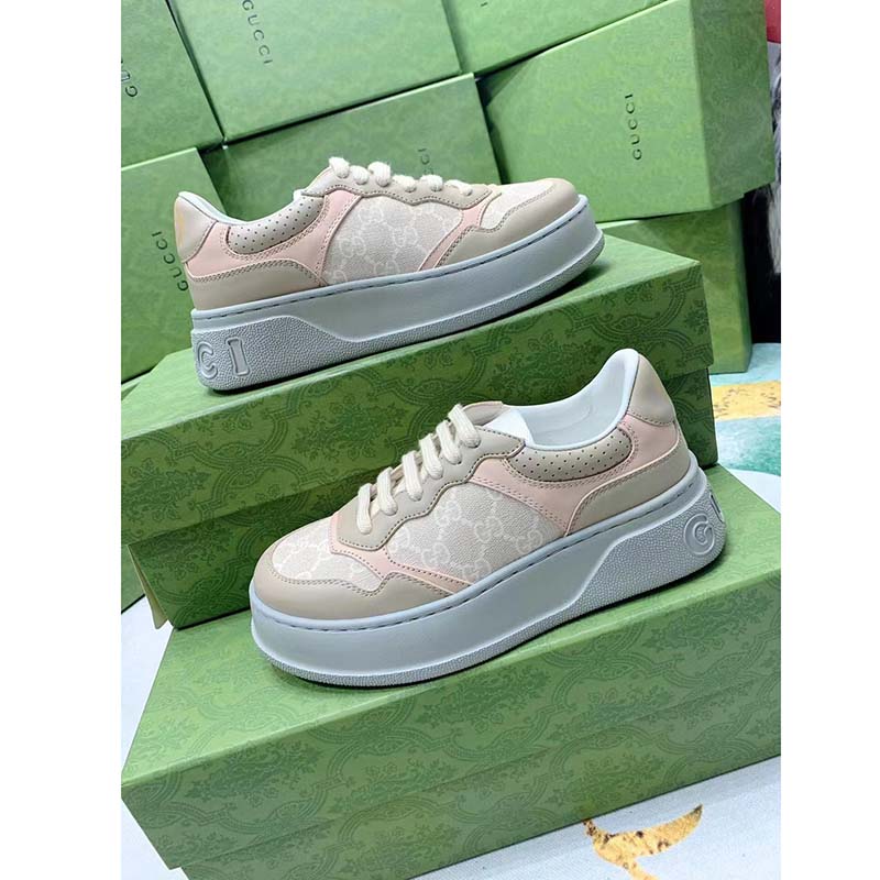 Gucci Unisex GG Sneaker White Beige Supreme Canvas Grey Perforated Leather