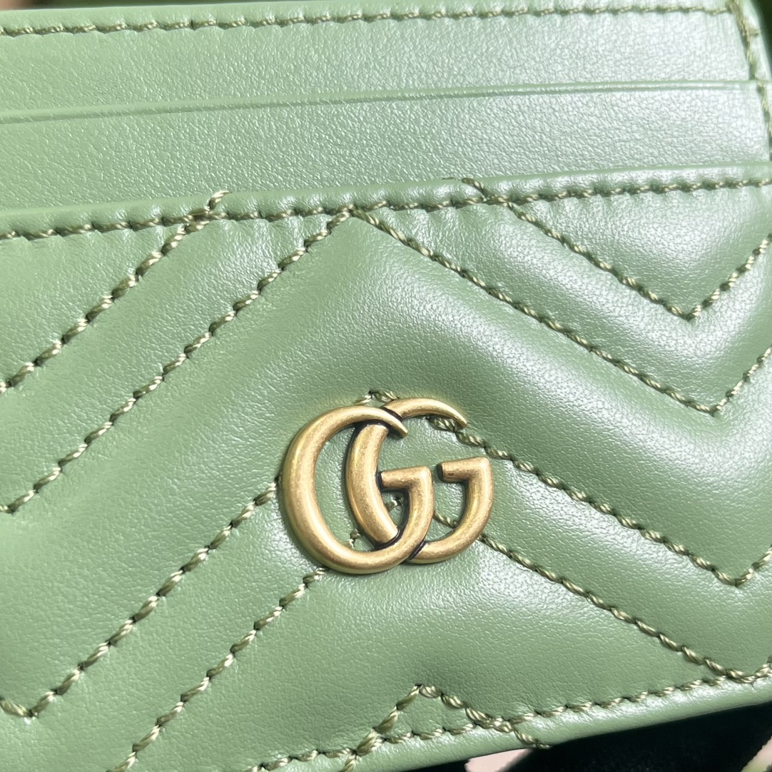 Gucci Unisex GG Marmont Matelassé Card Case Sage Green Chevron Leather