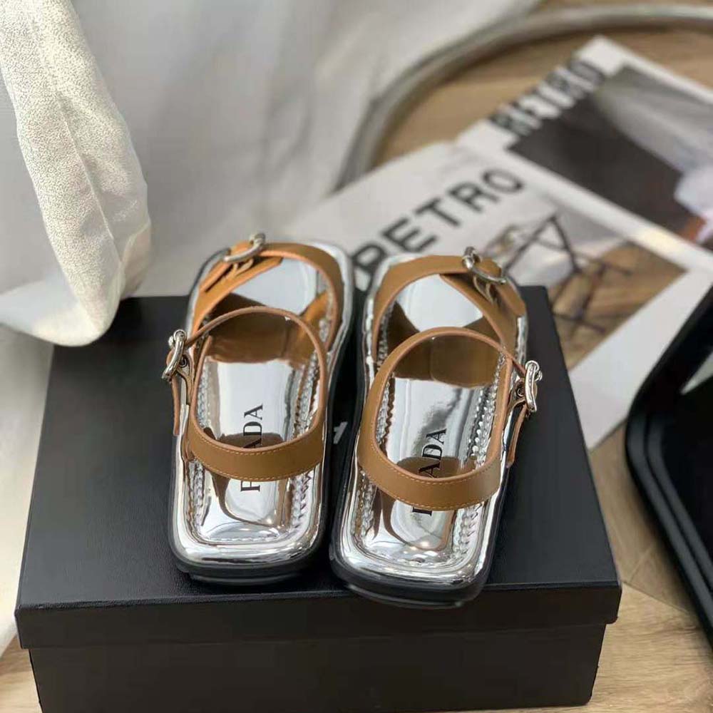 Prada Women Flat Rectangular Leather Sandals-Brown
