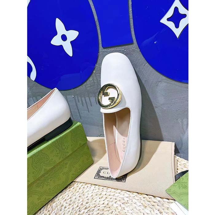 Gucci Women GG Blonde Ballet Flat White Round Interlocking G Leather