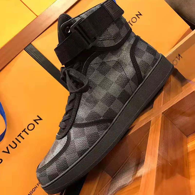 Louis Vuitton LV Men Rivoli Sneaker Boot Shoes in Iconic Damier Graphite Canvas-Grey
