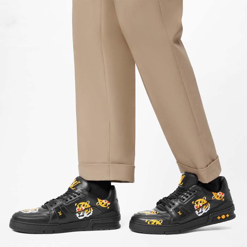 Louis Vuitton LV Unisex Trainer Sneaker Black Printed Calf Leather Rubber Outsole