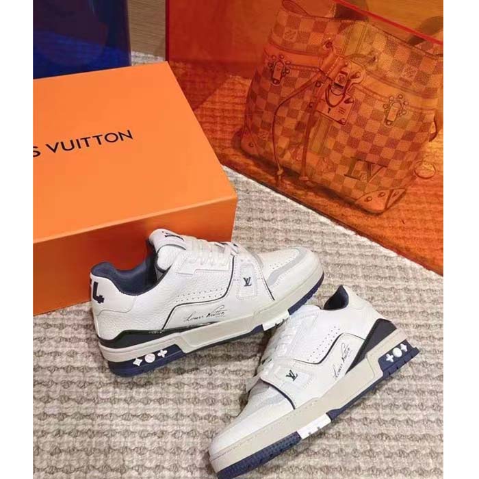 Louis Vuitton Unisex LV Trainer Sneaker Blue Grained Calf Leather Rubber Initials