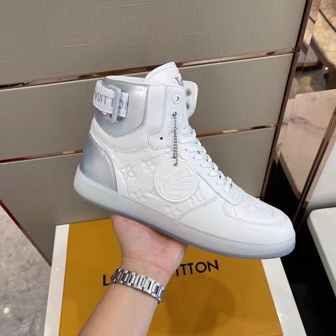Louis Vuitton LV Unisex Rivoli Sneaker Boot Silver White Calf Leather Monogram Canvas