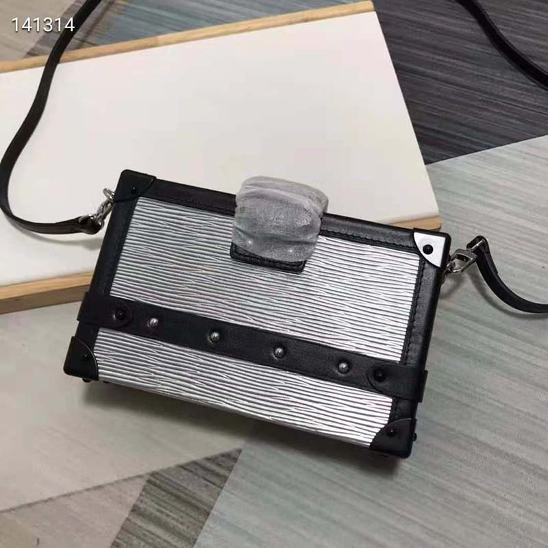 Louis Vuitton LV Women Petite Malle Handbag Silver Epi Grained Cowhide Leather