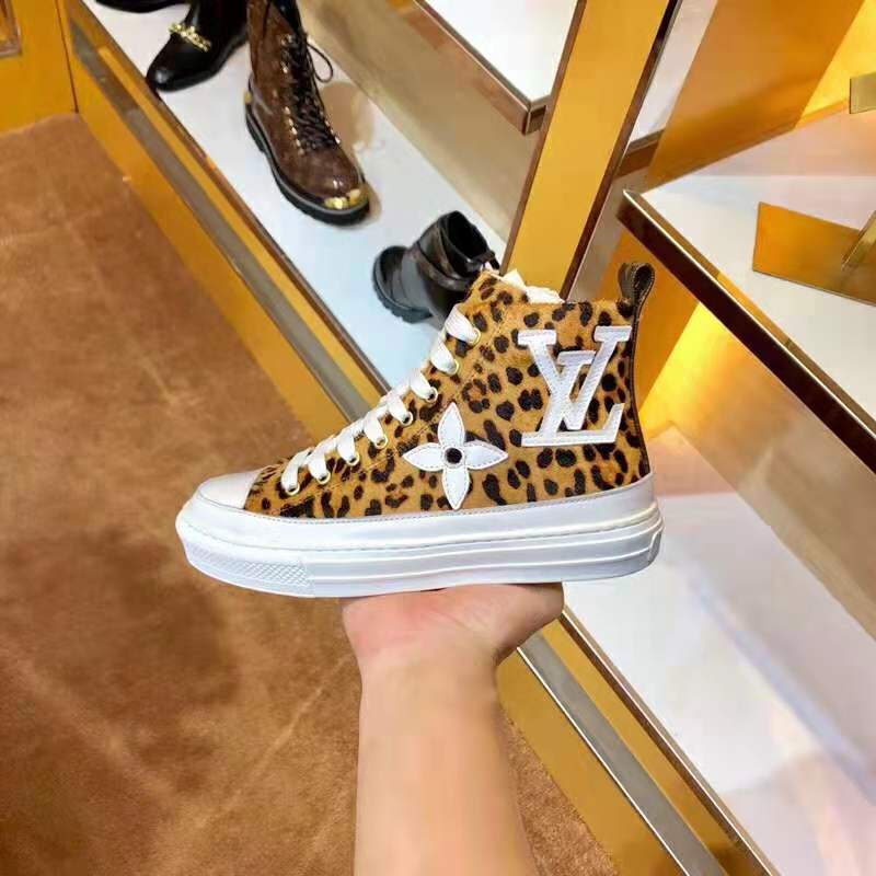 Louis Vuitton LV Unisex Stellar Sneaker Boot in Pony-Styled Calf Leather with Giant LV Monogram Flowers-Brown