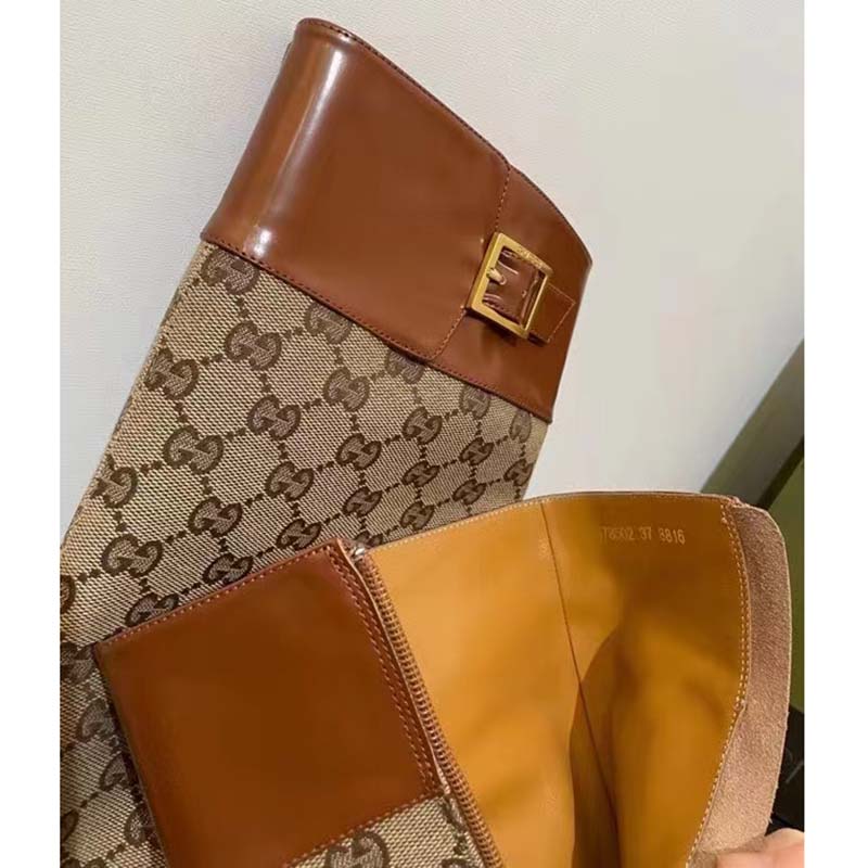 Gucci Blondie Women’s GG Knee-High Boot Beige Ebony Canvas Cuir Leather Low 5 Cm Heel