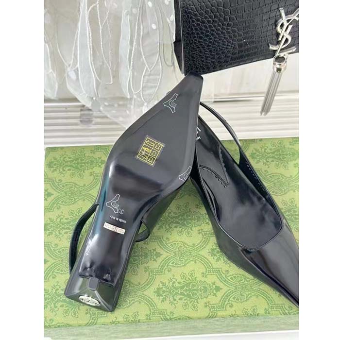 Gucci Women GG Slingback Pump Black Leather Interlocking G Square Upper Mid-Heel