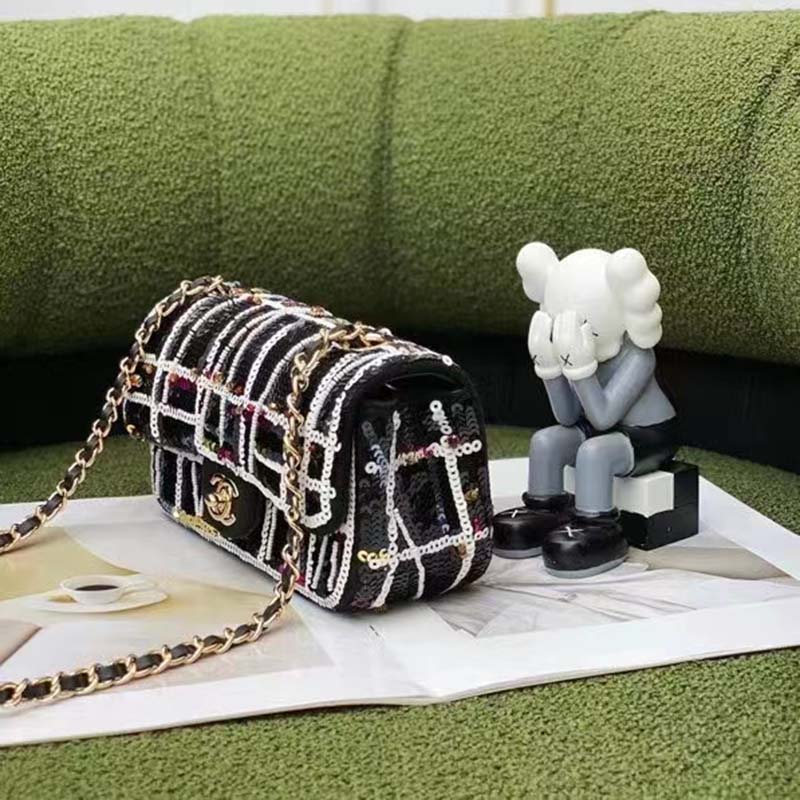 Chanel Women CC Classic Handbag Embroidered Satin Sequins Gold-Tone Metal