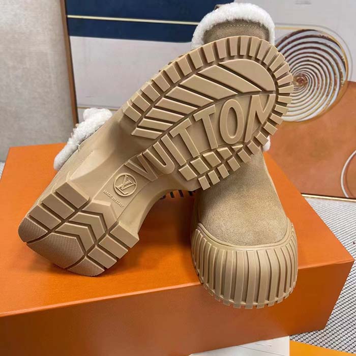 Louis Vuitton Women Shoes LV Ruby Flat Ankle Boot Beige Suede Calf Leather Shearling