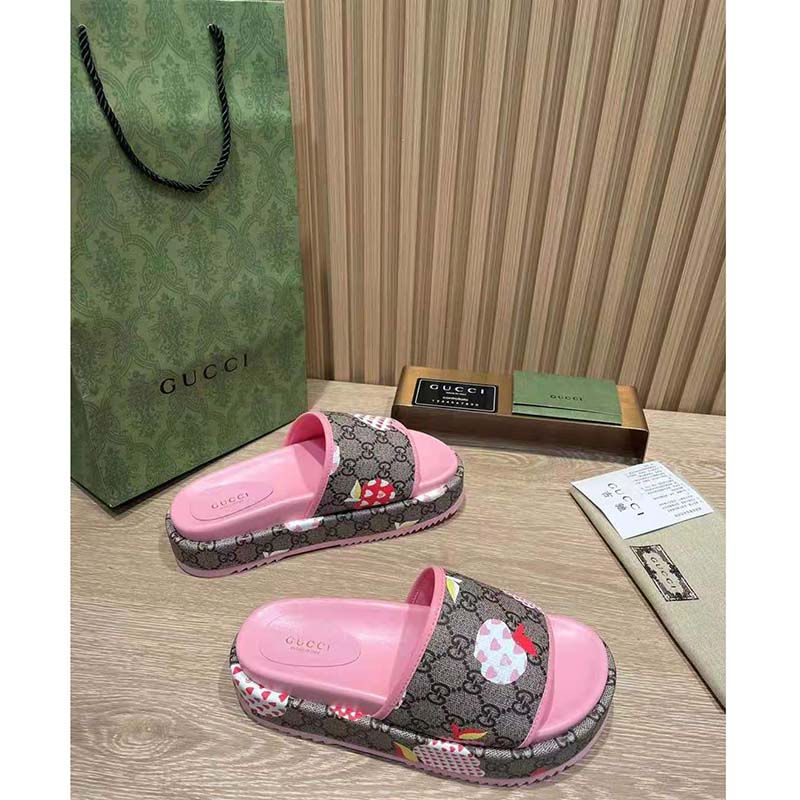 Gucci GG Women Gucci Les Pommes Sandal Beige and Ebony GG Supreme Canvas