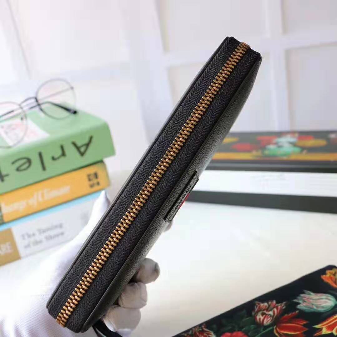 Gucci GG Unisex Leather Zip Around Wallet with Web in Black Leather