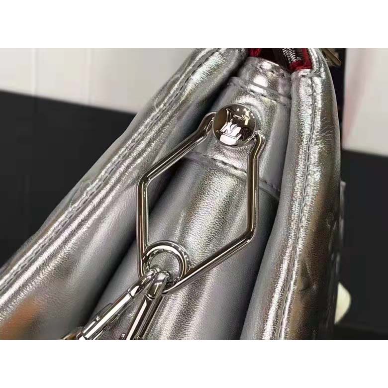 Louis Vuitton LV Women Coussin BB Handbag Silver Monogram Embossed Puffy Lambskin