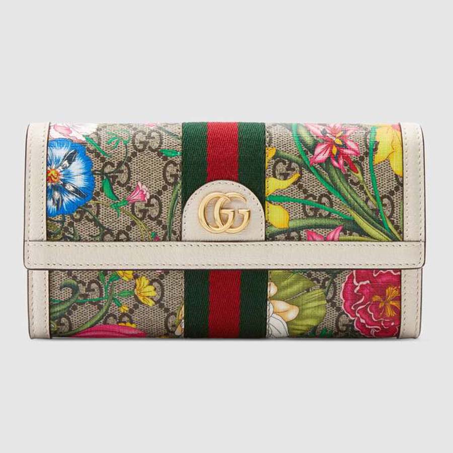Gucci GG Women Ophidia GG Flora Continental Wallet in Beige/Ebony GG Supreme Canvas
