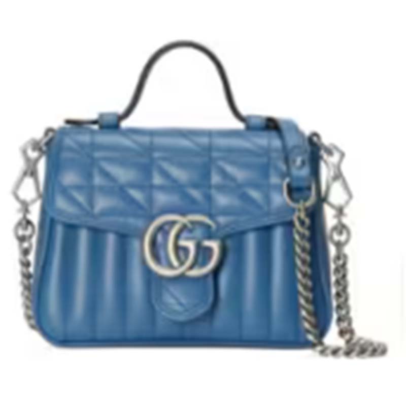 Gucci Women GG Marmont Mini Top Handle Bag Blue Matelassé Leather Double G