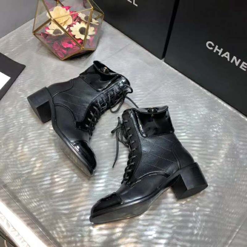 Chanel Women Patent Calfskin & Crumpled Calfskin Ankle Boots-Black