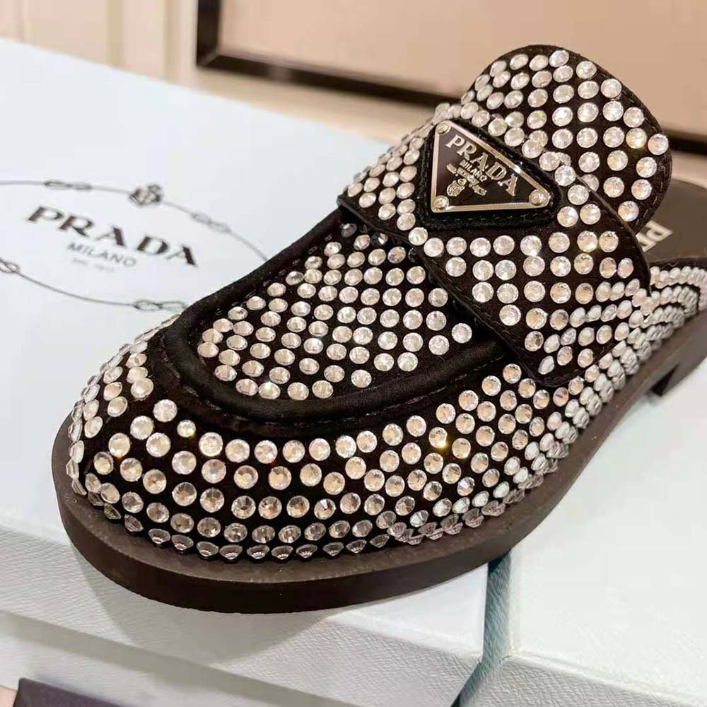 Prada Women Satin Mules with Crystals in 40mm Heel Height-Black