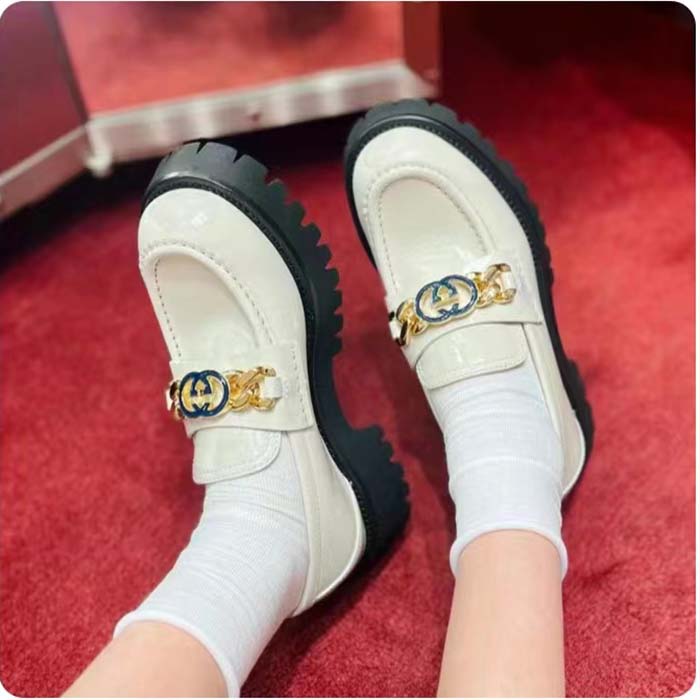 Gucci Women GG Interlocking G Lug Sole Loafer White Leather Rubber Flat 1.5 CM Heel