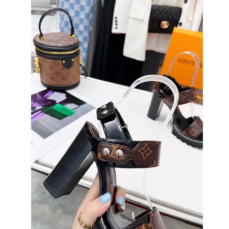 Louis Vuitton LV Women Star Trail Sandal Black Calf Leather Patent Monogram Canvas 9.5 cm Heel