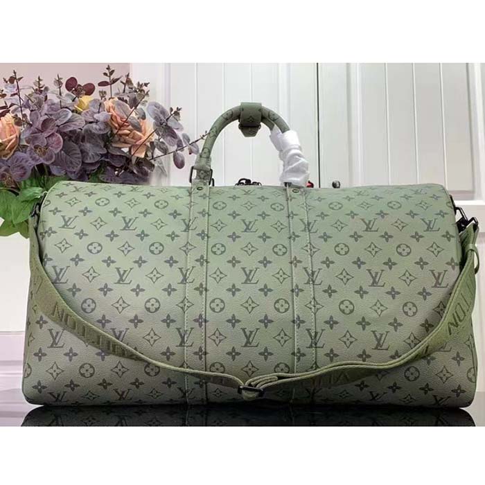 Louis Vuitton LV Unisex Keepall Bandoulière 55 Khaki Green Vermillion Red Monogram Canvas