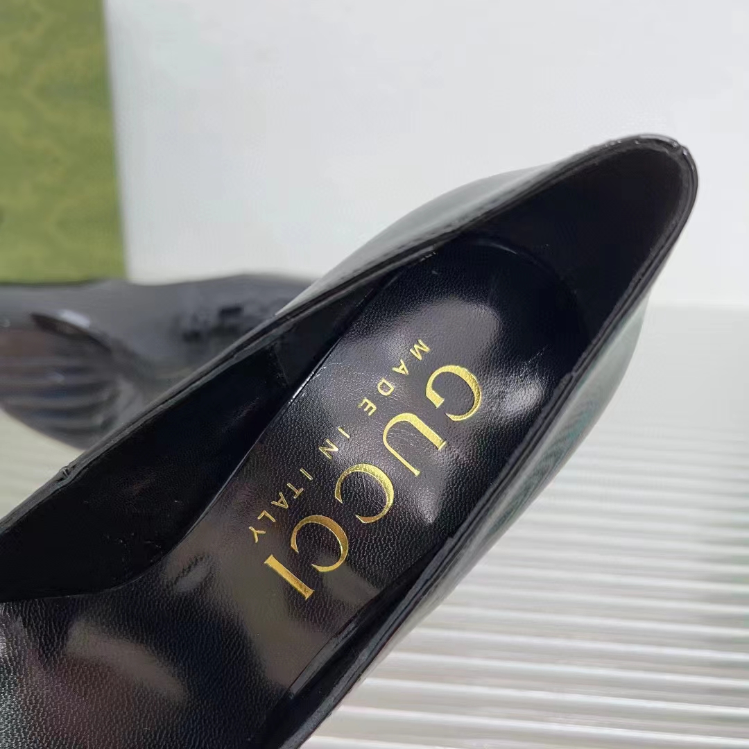 Gucci Women GG High Heel Pump Black Leather Pointed Toe 10 CM Heel