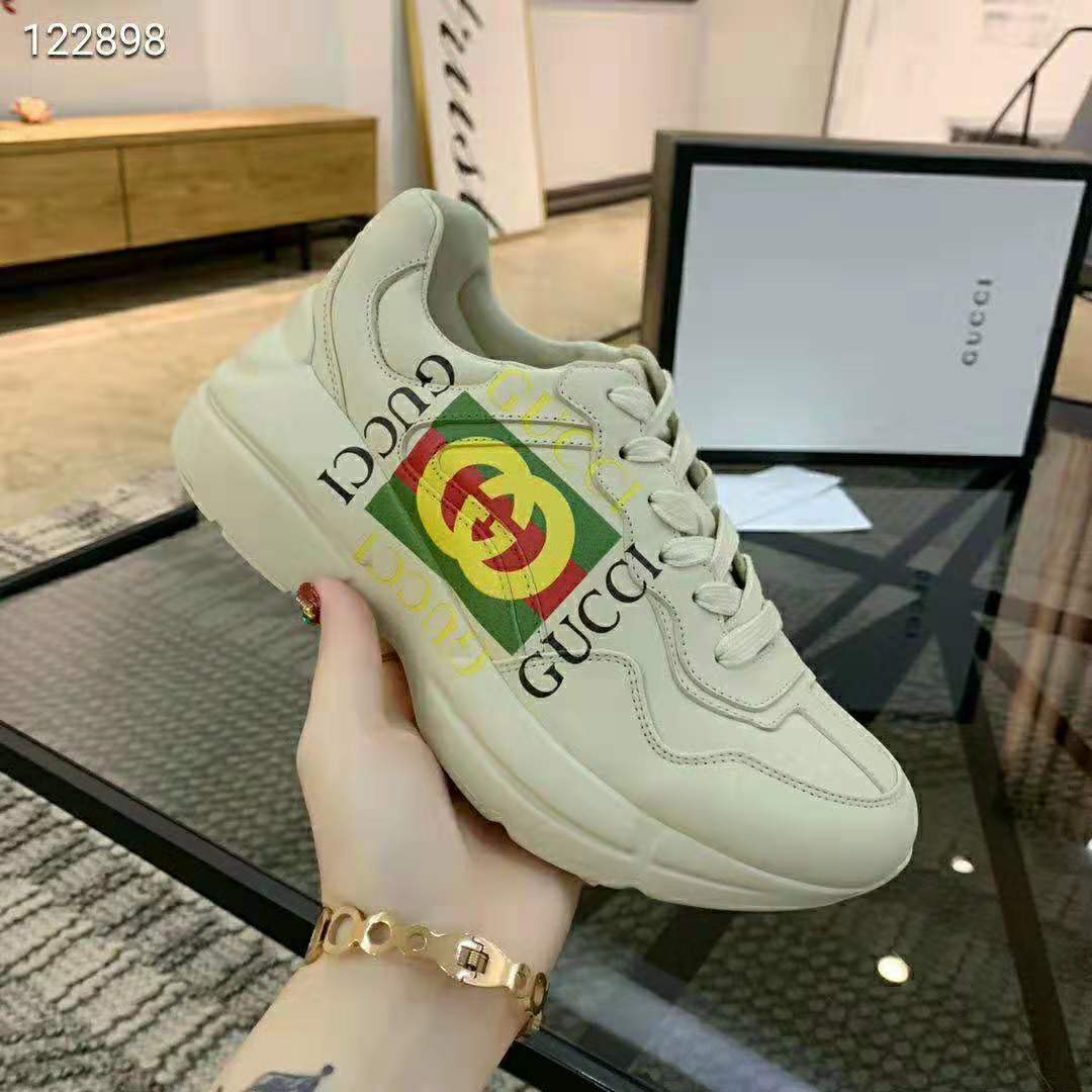 Gucci Men Rhyton Gucci Logo Leather Sneaker-Beige