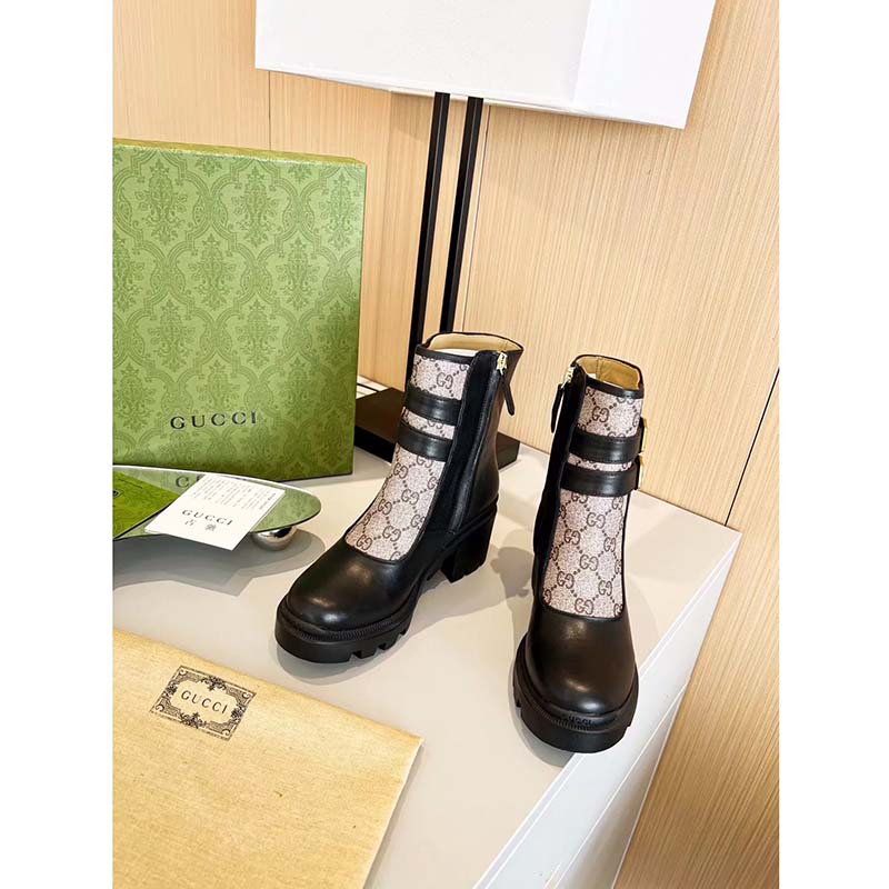 Gucci Women GG Ankle Boot Buckles Black Leather Rubber Sole Mid-Heel