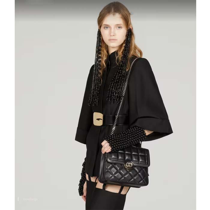 Gucci Women GG Deco Small Shoulder Bag Black Quilted Leather