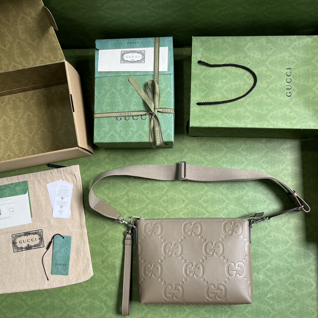 Gucci Unisex Jumbo GG Medium Messenger Bag Taupe Leather Zip Closure