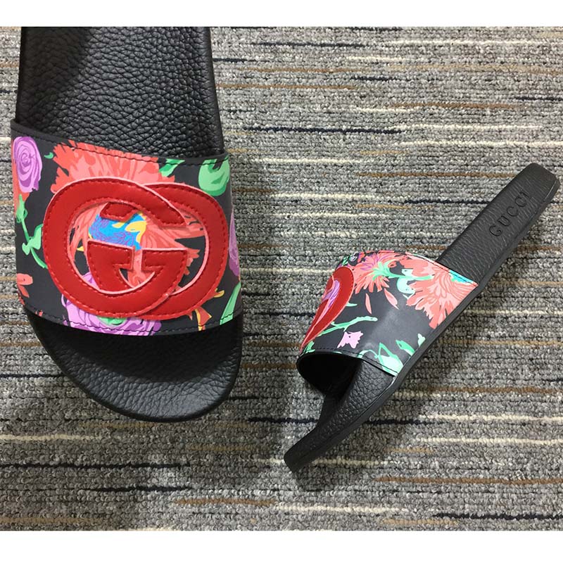 Gucci Women GG Ken Scott Print Slide Sandal Interlocking G Patch Flat