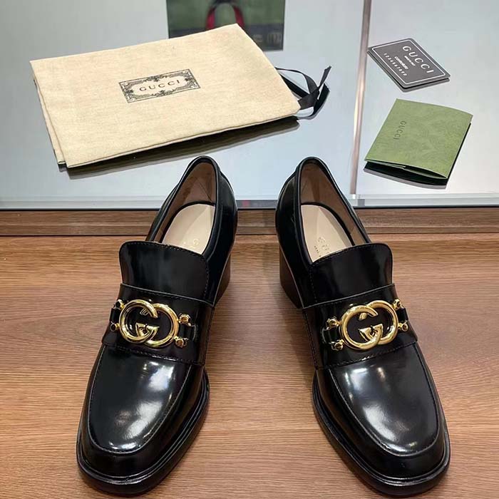 Gucci Women GG Loafer Interlocking G Shiny Black Leather Mid 6 Cm Heel