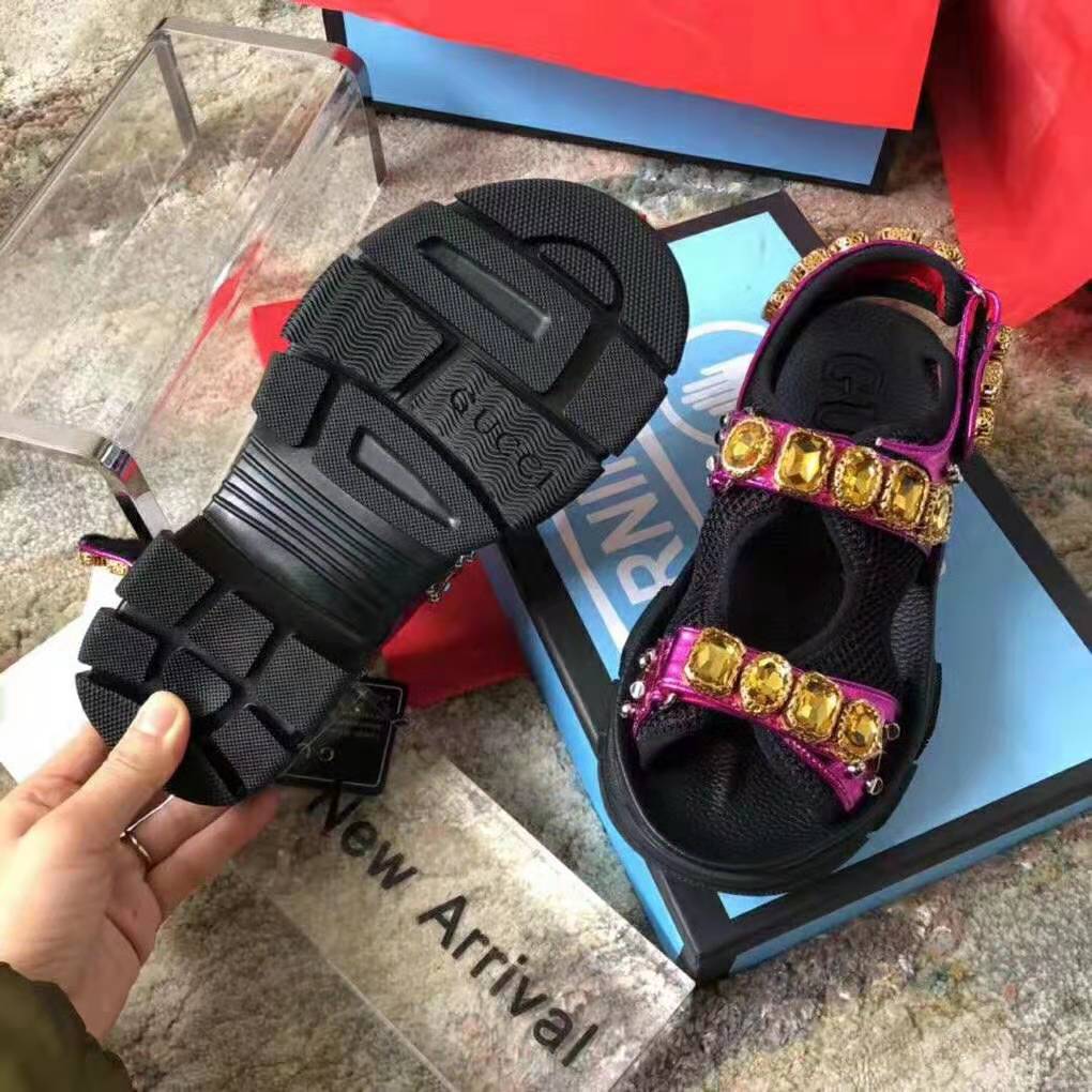 Gucci Women Metallic Leather Sandal with Crystals-Rose