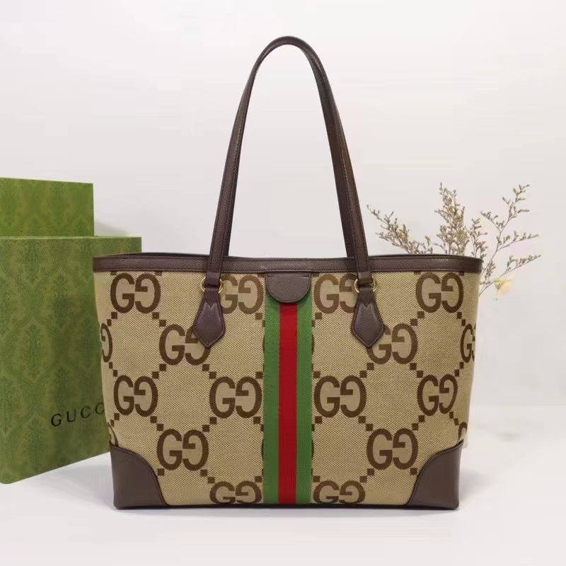 Gucci Unisex Ophidia Jumbo GG Medium Tote Camel Ebony Canvas Double G