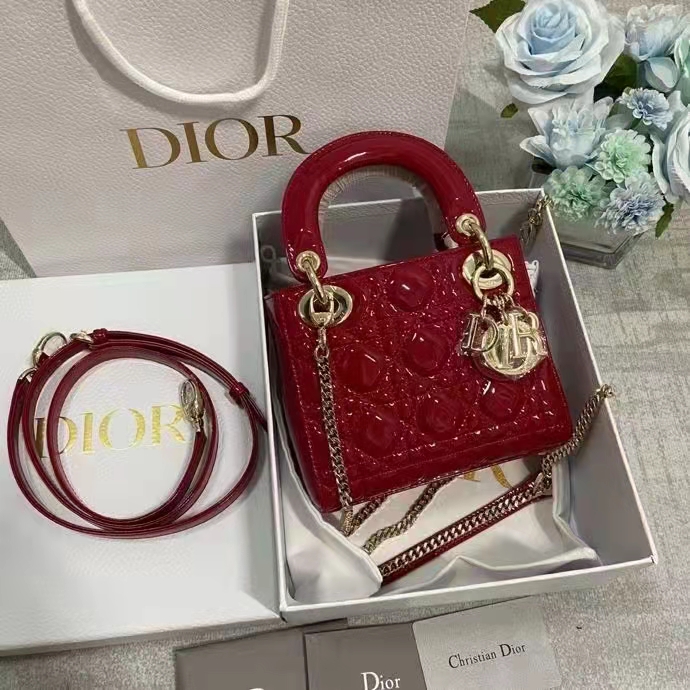 Dior Women CD Mini Lady Dior Bag Cherry Red Patent Cannage Calfskin