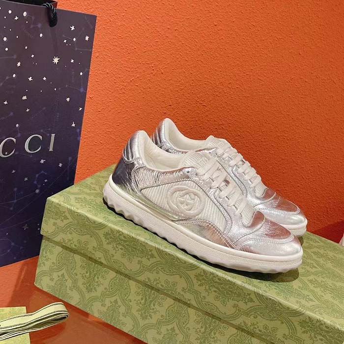 Gucci Unisex GG MAC80 Sneaker Metallic Silver Leather Fabric Round Toe Rubber Flat