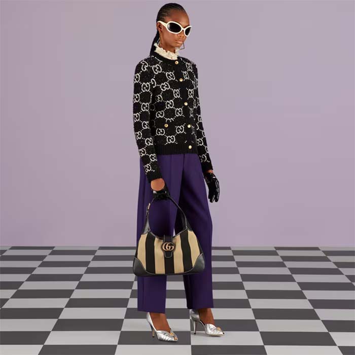 Gucci Women GG Aphrodite Medium Shoulder Bag Beige Black Cotton Canvas Black Leather