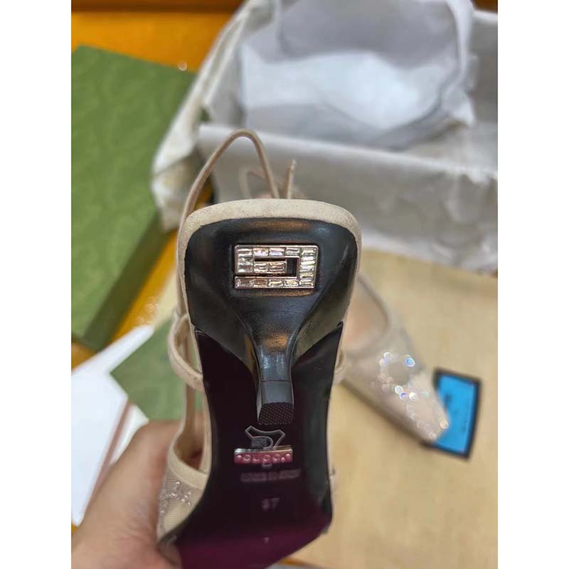 Gucci Women GG Slingback Pump Rose Beige Mesh Crystals Kitten 4 Cm Heel