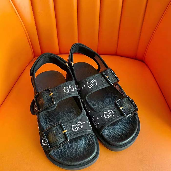 Gucci Women GG Sandal Crystals Black Mesh Tonal Suede Rubber Sole Flat