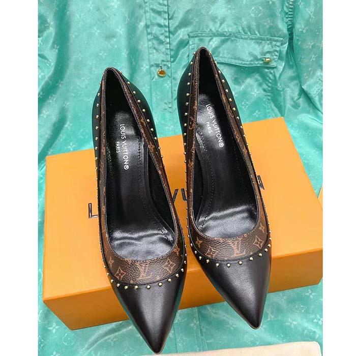 Louis Vuitton LV Women Signature Pump Black Calf Leather Patent Monogram Canvas 9.5 Cm Heel