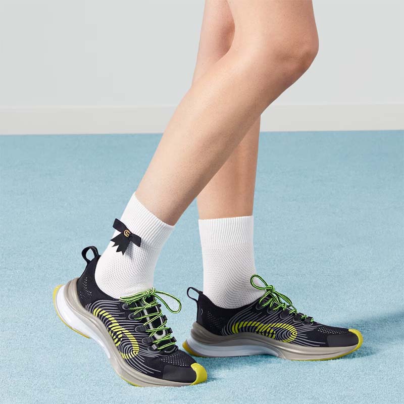 Gucci Unisex GG Run Sneaker Black Lime Technical Knit Fabric Rubber Interlocking G