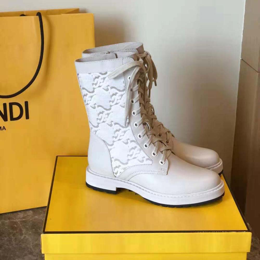 Fendi Women Signature White Leather Biker Boots