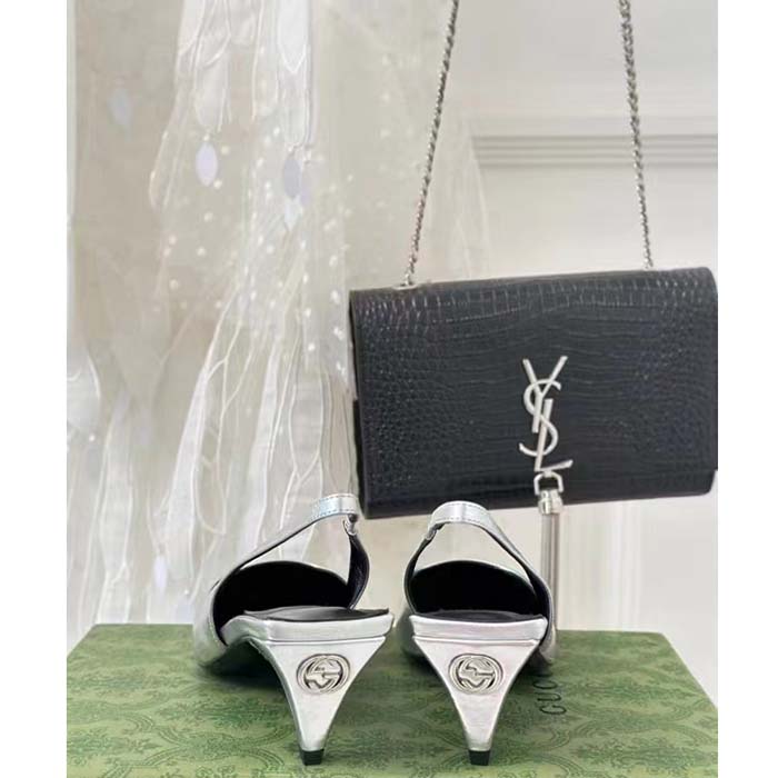 Gucci Women GG Slingback Pump Metallic Silver Leather Interlocking G Square Upper Mid-Heel