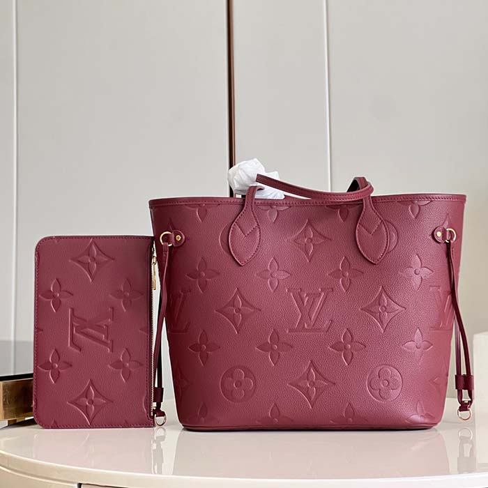 Louis Vuitton LV Unisex Neverfull MM Wine Red Monogram Empreinte Embossed Grained Cowhide Leather