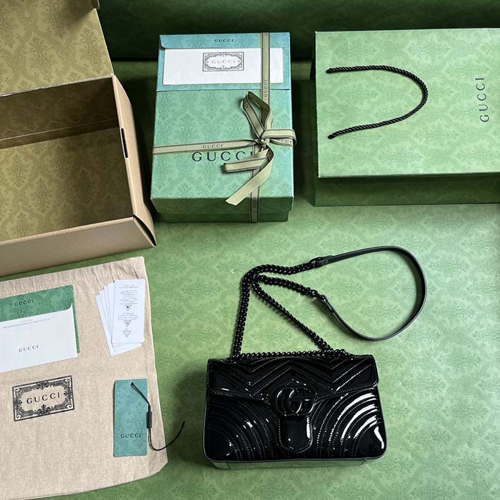 Gucci Women GG Marmont Patent Small Shoulder Bag Black Matelassé Chevron Leather
