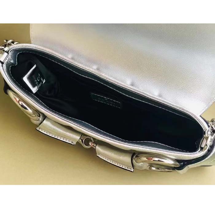 Gucci Women GG Horsebit Chain Small Shoulder Bag Silver Metallic Quilted Leather Maxi Horsebit