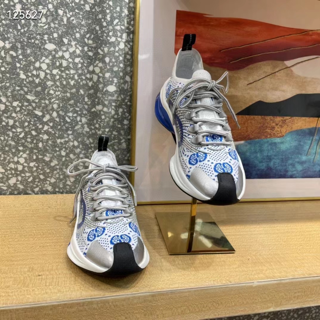 Gucci Unisex Run Sneaker White Blue GG Technical Knit Fabric Interlocking G Rubber